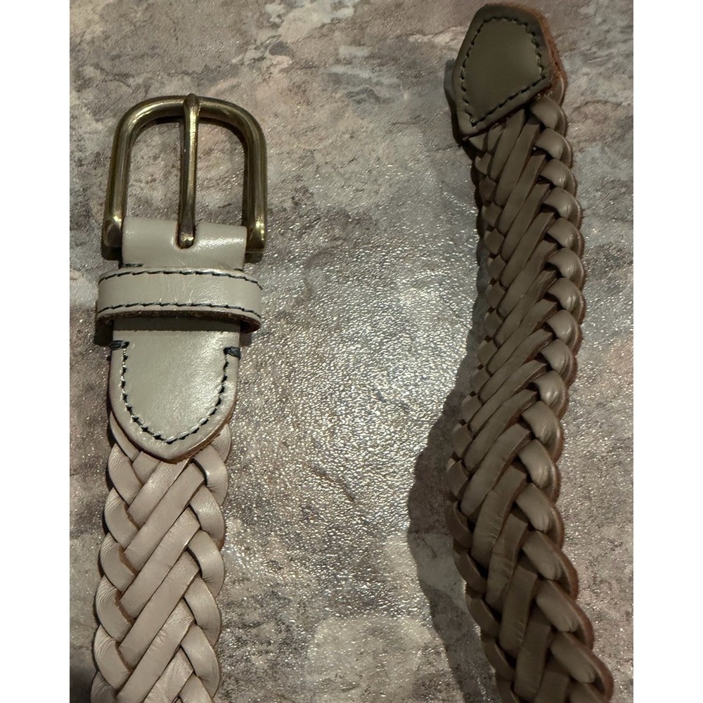 J Crew Woven Braided Belt Taupe Leather Trim Brass Buckle 90s Classic Size S/M - Picture 3 of 6